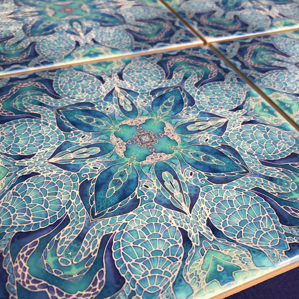 Blue turtle mandala tiles 6x6” squares with a smooth shiny surface, gorgeous aqua ultramarine & royal blue shades, hand printed by Meikie in her Studio. Perfect for a bathroom makeover as a full wall, border or individual tiles set into plain tiles.