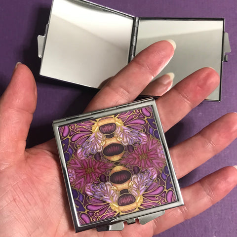 Pink Plum Gold Bumble Bee Pocket Mirror - Pretty Handbag Mirror - Gift for Her