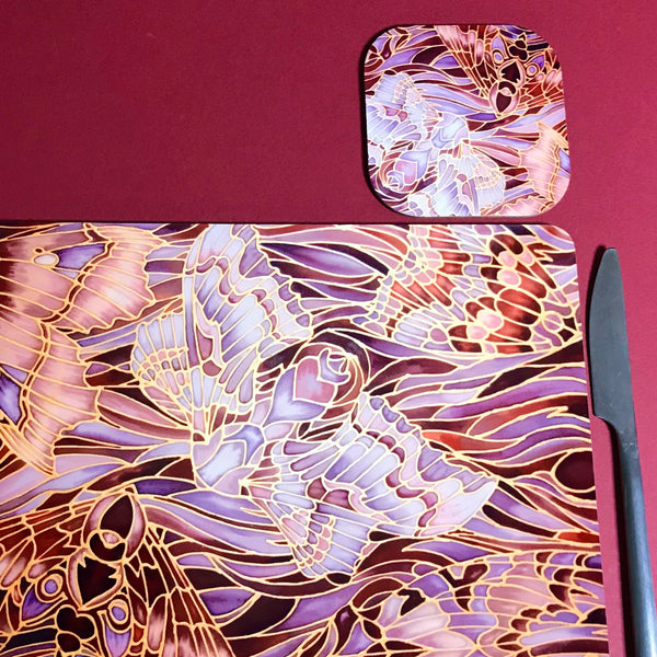 Moths Placemats & Coasters - Chocolate Lilac Grey Table Mats - glass chopping boards