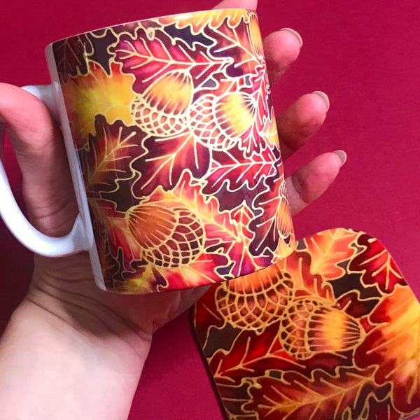 Autumnal Oak Leaves and Acorns Mug - Mug and Coaster Box Set - Red Mug Set - Leaves Mug Gift