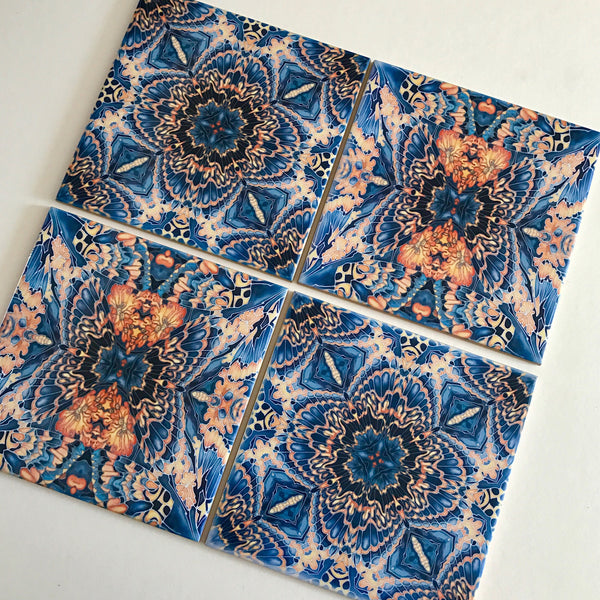 contemporary patterned ceramic tiles - grey orange printed tiles - meikie kaleidascope tiles