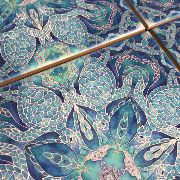 Blue turtle mandala tiles 6x6” squares with a smooth shiny surface, gorgeous aqua ultramarine & royal blue shades, hand printed by Meikie in her Studio. Perfect for a bathroom makeover as a full wall, border or individual tiles set into plain tiles.