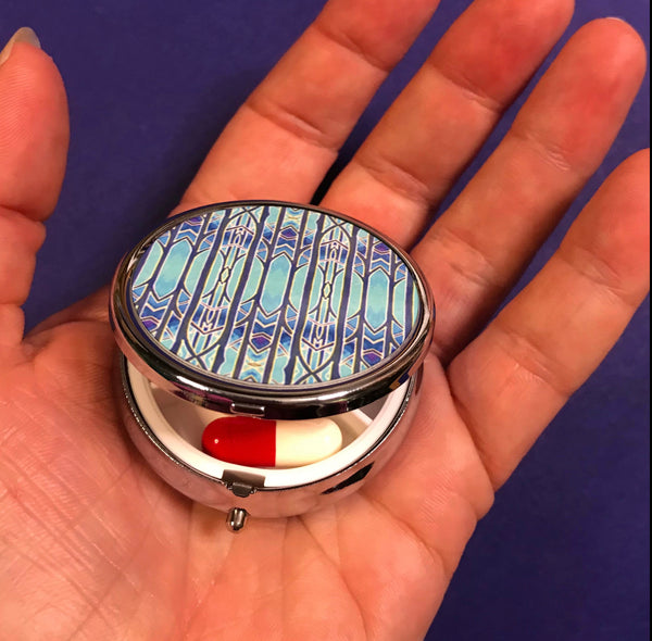 Sky Arches Contemporary Pill Box - Pretty Art Deco Style Blue Round Box - Stud Earing Jewellery Box