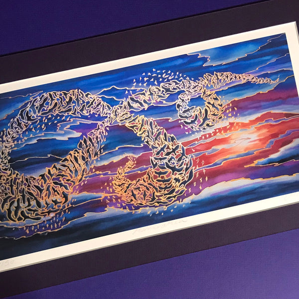 Flying Birds Murmuration Signed Print - Blue Purple Red Gold Print Art