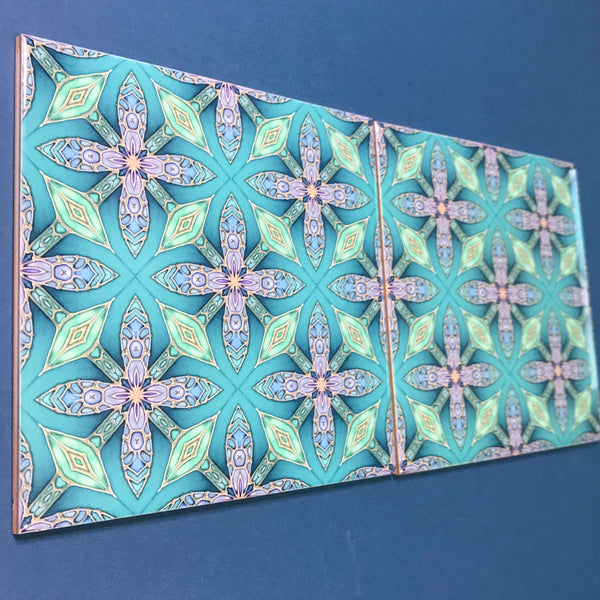 Arts and Crafts Style Aqua Green Turquoise Lilac Fretwork Petal Cross Tiles - Beautiful Green Turquoise Tiles - Bohemian Ceramic printed  Tiles