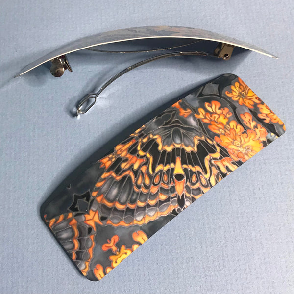 Grey Orange Charcoal Butterflies Moth Large hair clip, barette, hairslide, stocking filler, gift for her, gift for woman, gifts for girls, pretty presents.