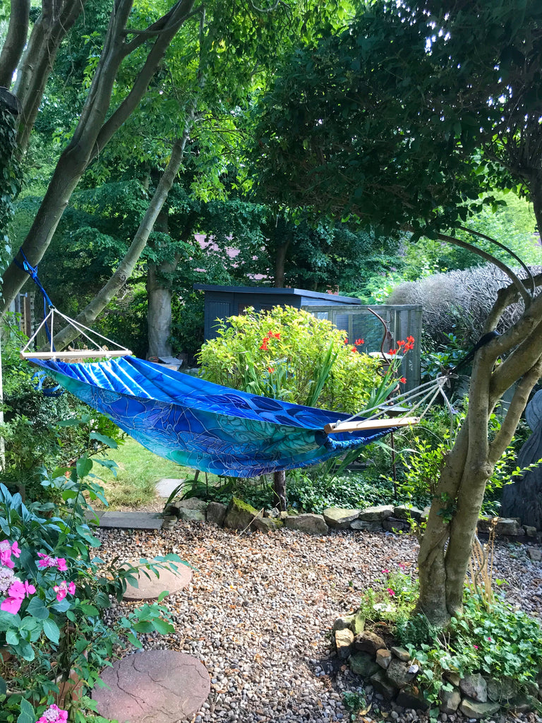 Gorgeous Blue Green Reversible Hammock - featuring Blue Shoal on one side and Dragonflies on the reverse.