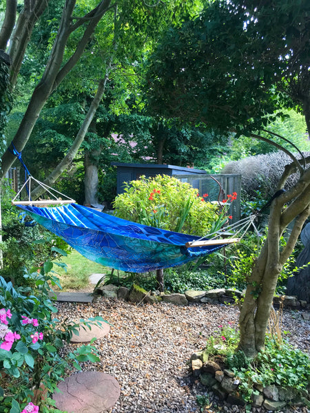 Gorgeous Blue Green Reversible Hammock - featuring Blue Shoal on one side and Dragonflies on the reverse.