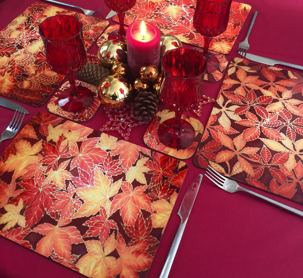 Oak Leaves Heatproof Glass Chopping Boards - Table Mat - Red Yellow Placemats & Coasters - Heatproof Glass Chopping Boards