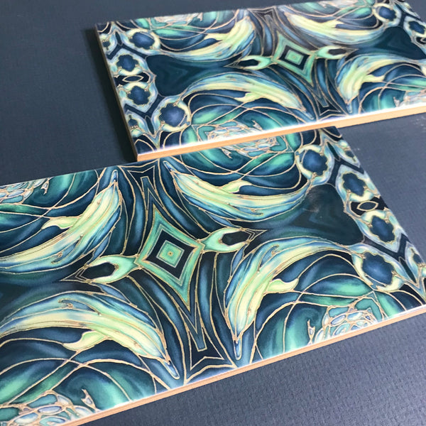 Blue Teal Dolphin Rectangular Tiles -  Ceramic Metro Brick Shaped Hand Printed Bathroom Kitchen Tiles
