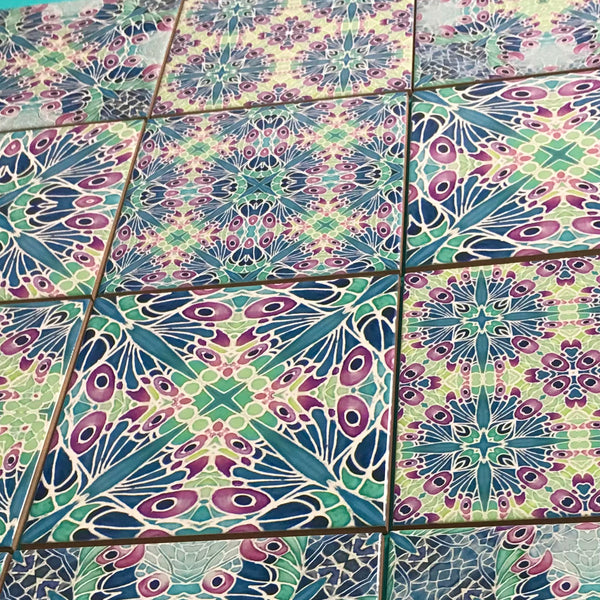 Butterfly Sherbet Mixed Set of 20 Ceramic Tiles - Bohemian Blue Pink and Mint Gentle Bohemian Kitchen Tiles