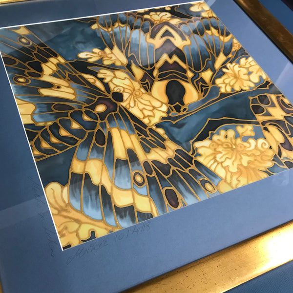 Moth on Lichen Painting - contemporary hand painted silk Butterflies - Blue Yellow Butterfly Original Art