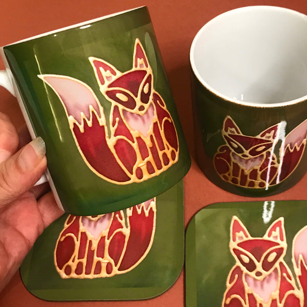 Cute Fox Mug & Coaster - Fox Mug Box Set - Green Red Fox Mug - Fox Lovers Mug Gift