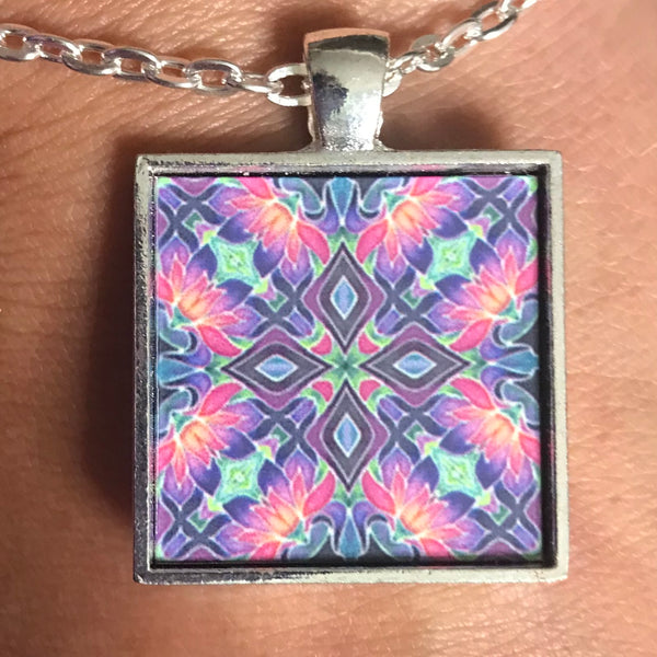 Pink Purple Iris Kaleidoscope Necklace - Square Tile Pendant - Affordable gift