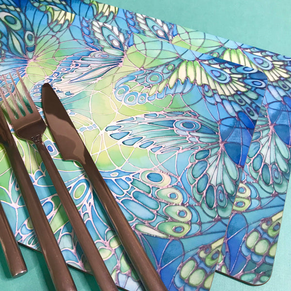 Green Tableware - Lime Green Placemats - Green Coasters - Green Glass Chopping boards - Green Glass Counter Savers - Green Glass Serving Platters - Butterfly Wings  - Green melamine serving tray - Green table mats - Durable hardwearing table mats - Meikie designs Sea Green Table Mats, Place Settings, Coasters, Mugs, Chopping Boards, Trivets, Round Table Mats, Mouse Mats. Emerald Aqua Teal Lime Turquoise. Round Table Mats. rectangular place mats.