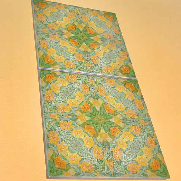 Art Nouveau Yellow Daffodils of Bathroom Tiles - Arts and Crafts Look Bright Bohemian Kitchen Tiles