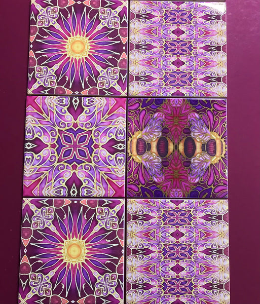 Bees and Flowers Mixed Tiles Set - Plum Purple Gold Tiles - Beautiful Tile - Bohemian Tiles