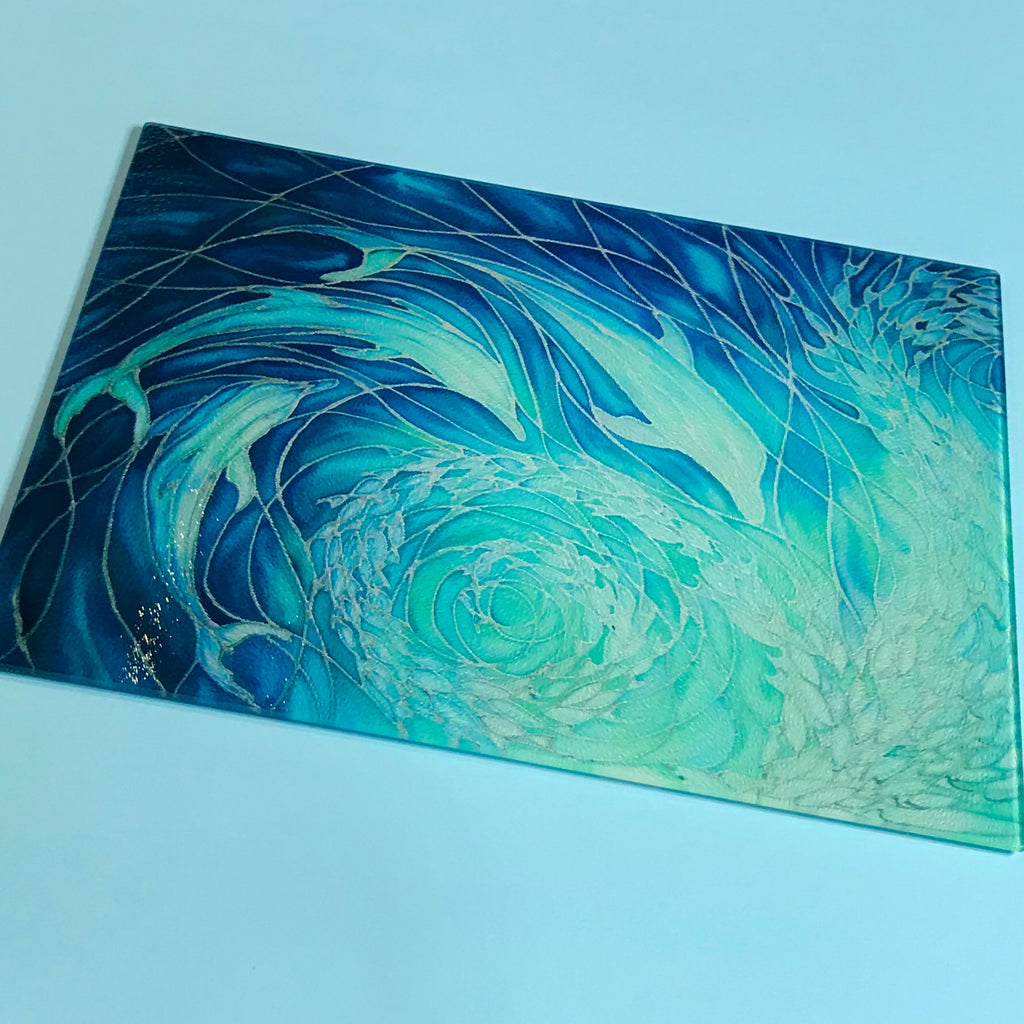Dolphins Glass Chopping Board - Dolphin Trivet - Blue Pot Stand - Heat Proof Table Top Saver - Decorative Platter