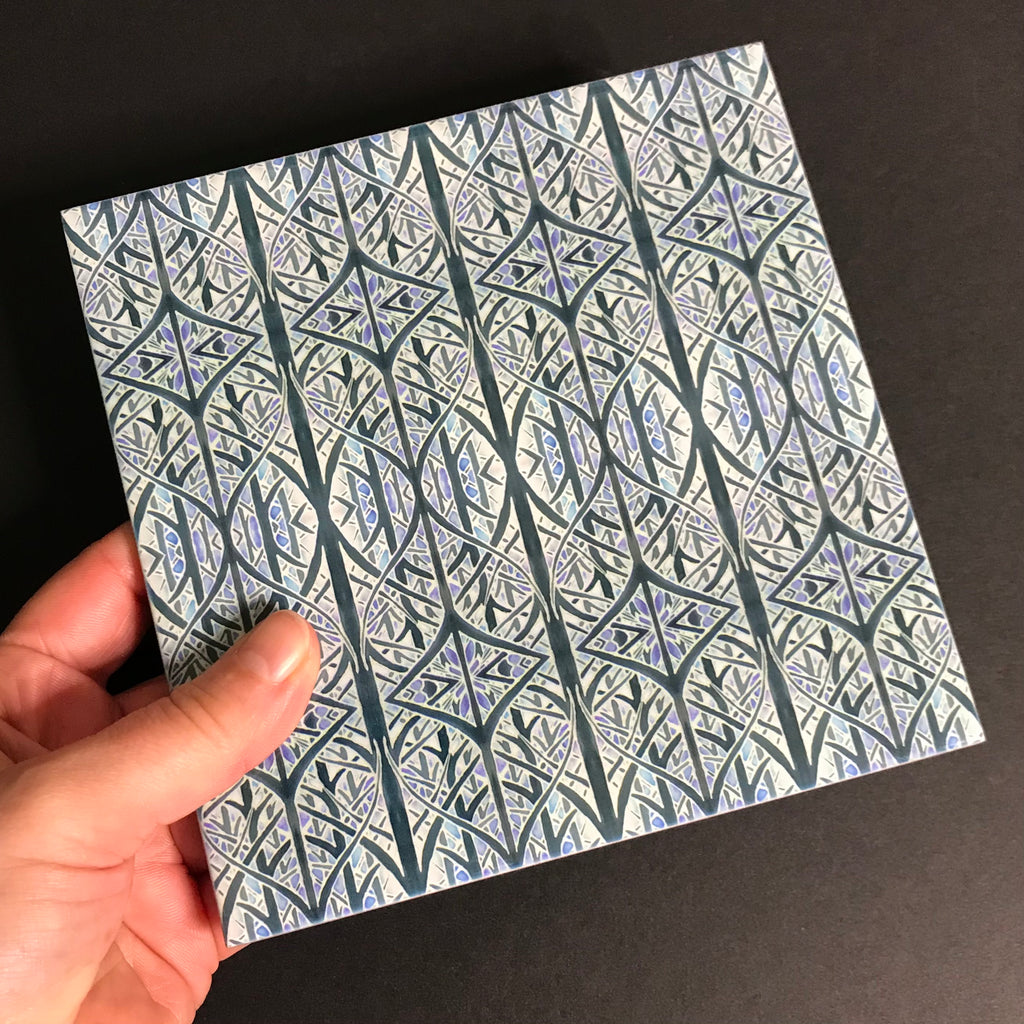 Contemporary Charcoal and Pale Blue Woven Trees Ceramic Tiles -  Ceramic Hand Printed Tiles