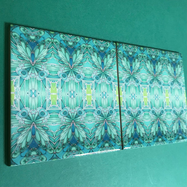 Nouveau Style Mint Green Butterfly Tiles - Beautiful Green Turquoise Tiles - Bohemian Ceramic printed  Tiles