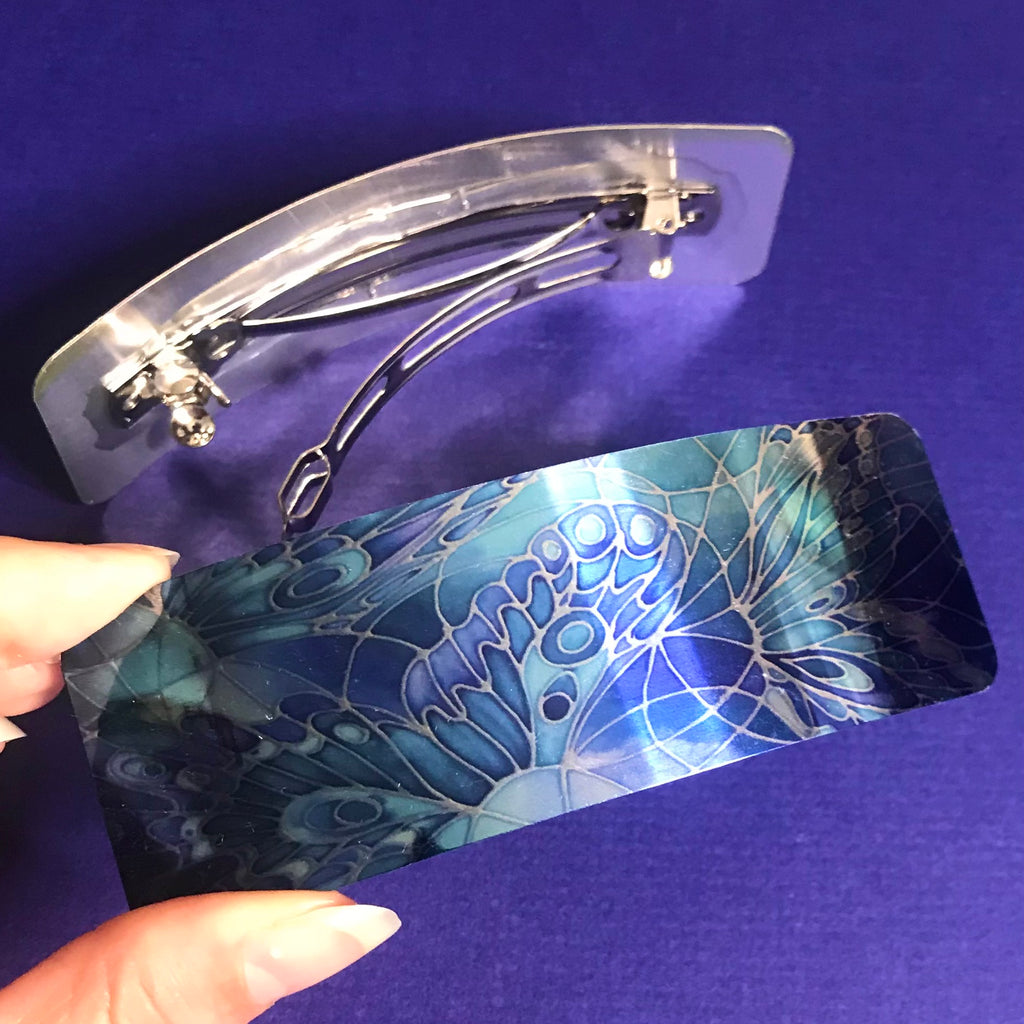 Blue Butterflies Large hair clip, barette, hairslide, stocking filler, gift for her, gift for woman, gifts for girls, pretty presents.