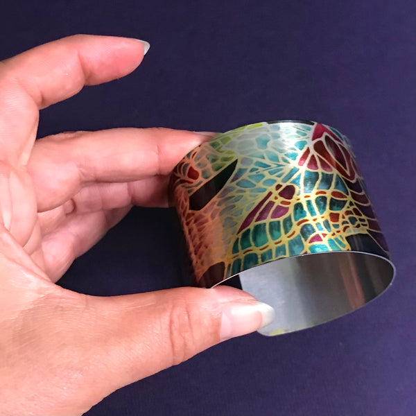 Teal Green and Beaujolais Butterfly Moth Cuff Bracelet - Comtemporary Green Bangle - easy wear lightweight aluminium.