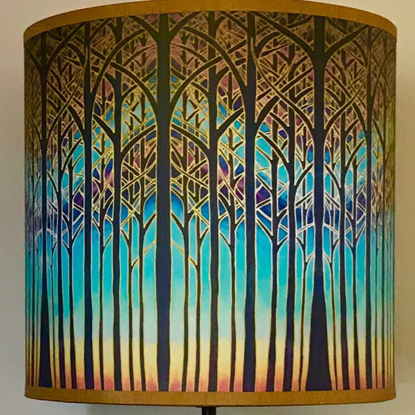 Into the Woods Contemporary Lamp Shade - Blue Teal Trees Effect Drum Shade - Atmospheric lighting