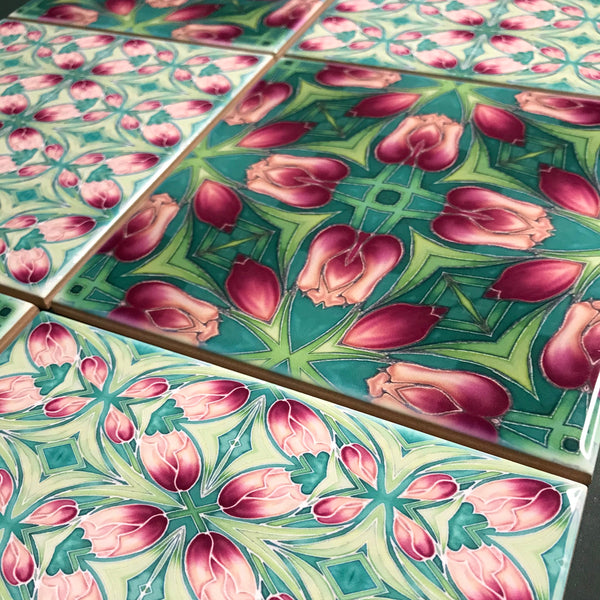 Pink Tulip Mixed Set of Bathroom Tiles - Arts and Crafts Look Bright Bohemian Kitchen Tiles
