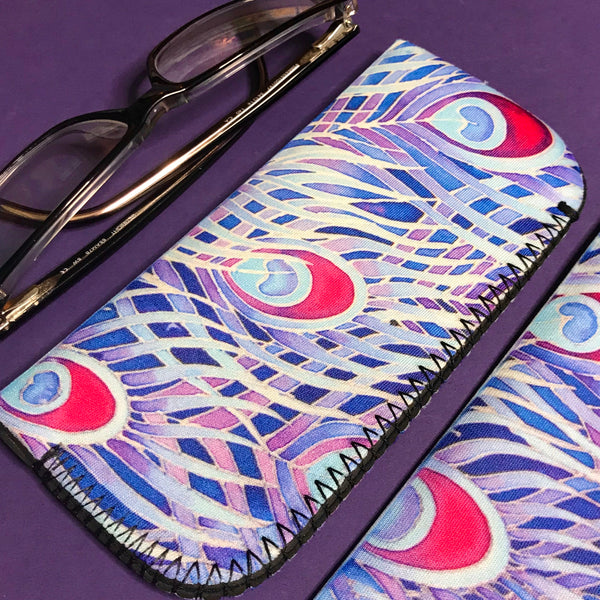 Blue Purple Red Peacock Feathers glasses cover - Reading / Large Glases Cover