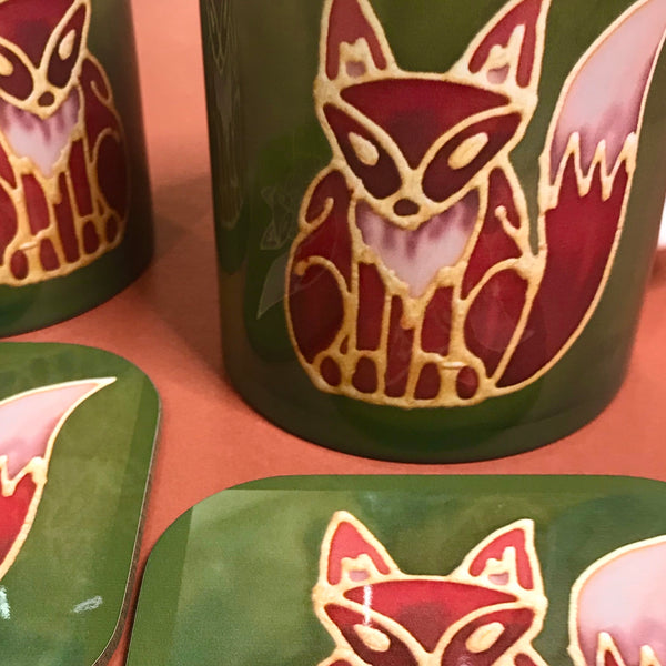 Cute Fox Mug & Coaster - Fox Mug Box Set - Green Red Fox Mug - Fox Lovers Mug Gift