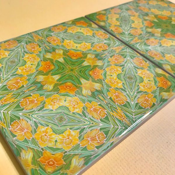 Art Nouveau Yellow Daffodils of Bathroom Tiles - Arts and Crafts Look Bright Bohemian Kitchen Tiles
