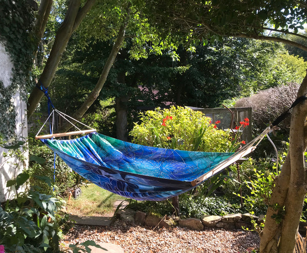 Gorgeous Blue Green Reversible Hammock - featuring Blue Shoal on one side and Dragonflies on the reverse.