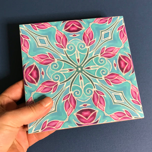 Pink Magnolias Arts and Crafts look Bathroom Tiles or Kitchen Tiles