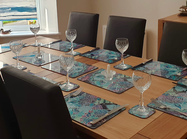 Butterfly on Leaves hard wearing Table Mats - Teal Pink Plum Charcoal Green Tableware