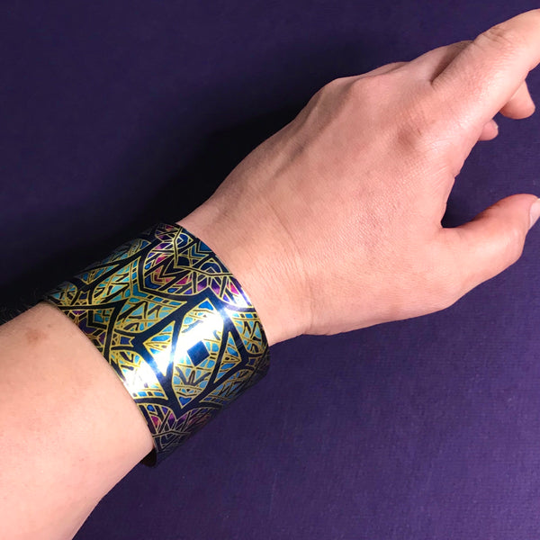 Cathedral Rose Window Bracelet in rich stained glass sunset colours- easy wear lightweight aluminium.