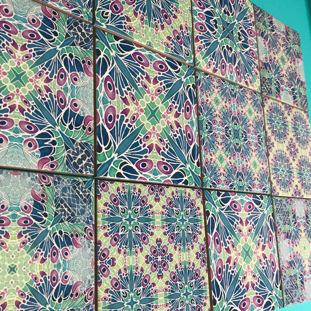 Butterfly Sherbet Mixed Set of 20 Ceramic Tiles - Bohemian Blue Pink and Mint Gentle Bohemian Kitchen Tiles