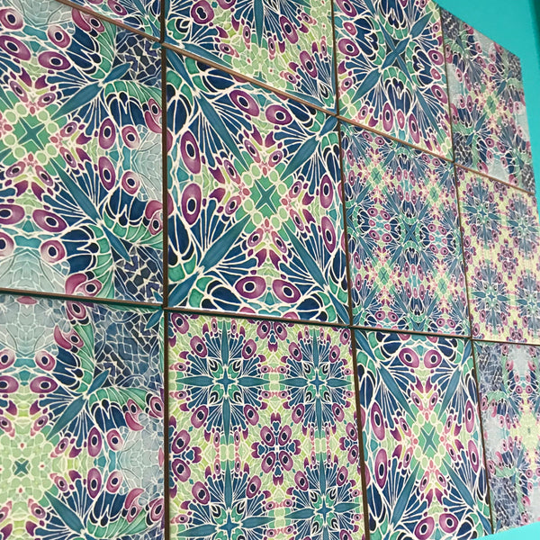Butterfly Sherbet Mixed Set of 20 Ceramic Tiles - Bohemian Blue Pink and Mint Gentle Bohemian Kitchen Tiles