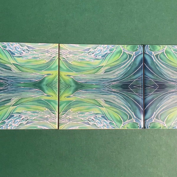 Sea Green Dolphin Twins Small 4.25” Square Tiles -  Green Ceramic Bathroom Kitchen Hand Printed Tiles