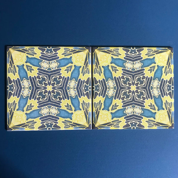Contemporary Butterfly Moth Tiles - Primrose Yellow & Petrol Blue Ceramic Tiles - Beautiful Bohemian Printed Tiles