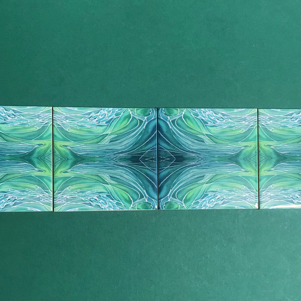 Sea Green Dolphin Twins Small 4.25” Square Tiles -  Green Ceramic Bathroom Kitchen Hand Printed Tiles