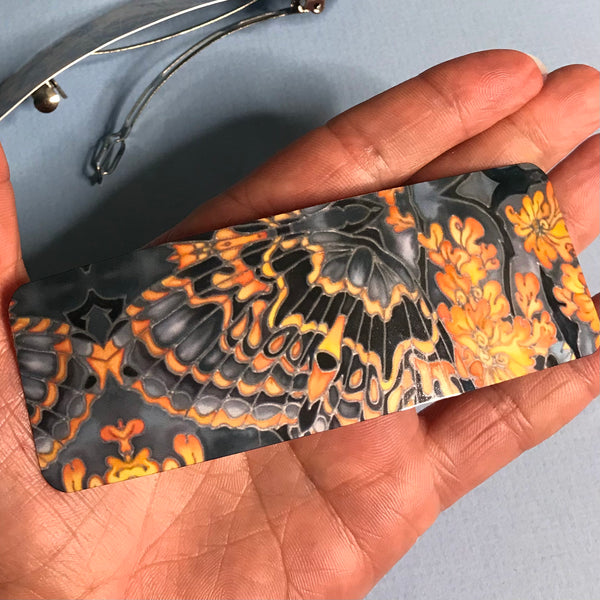 Grey Orange Charcoal Butterflies Moth Large hair clip, barette, hairslide, stocking filler, gift for her, gift for woman, gifts for girls, pretty presents.