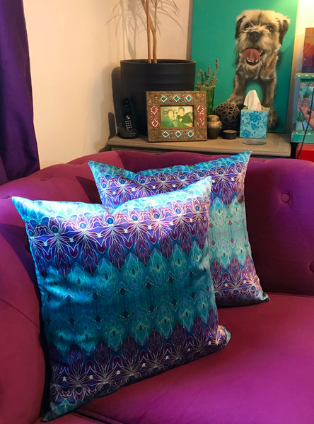 Persian inspired ornate patterned velvet cushions, Mediterranean blue and purple super soft luxurious decorative throw pillows
