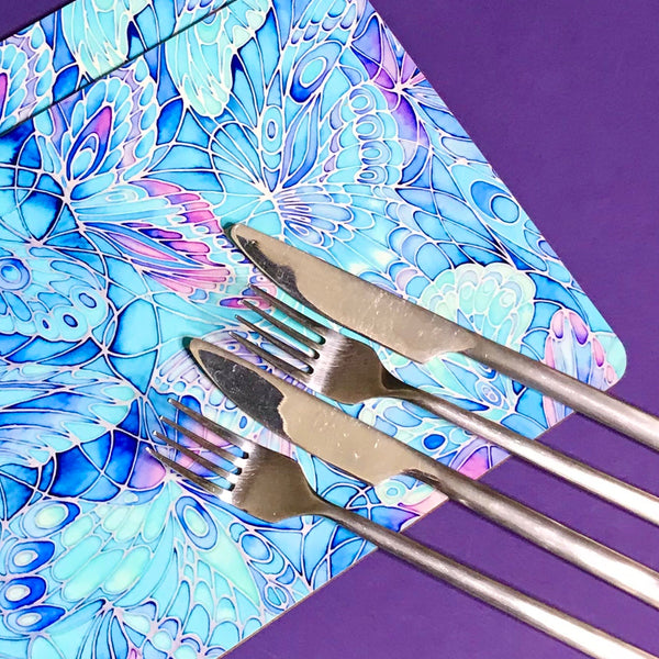 Table Mats Blue Butterflies - blue green turquoise placemats -  butterfly coasters tableware - glass chopping boards / counter savers, serving trays, mugs and mouse mats