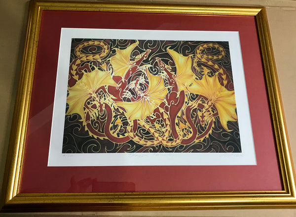 Dramatic Dragon Family Print - Mythical Creatures Art Print - Fiery Red Dragons Print