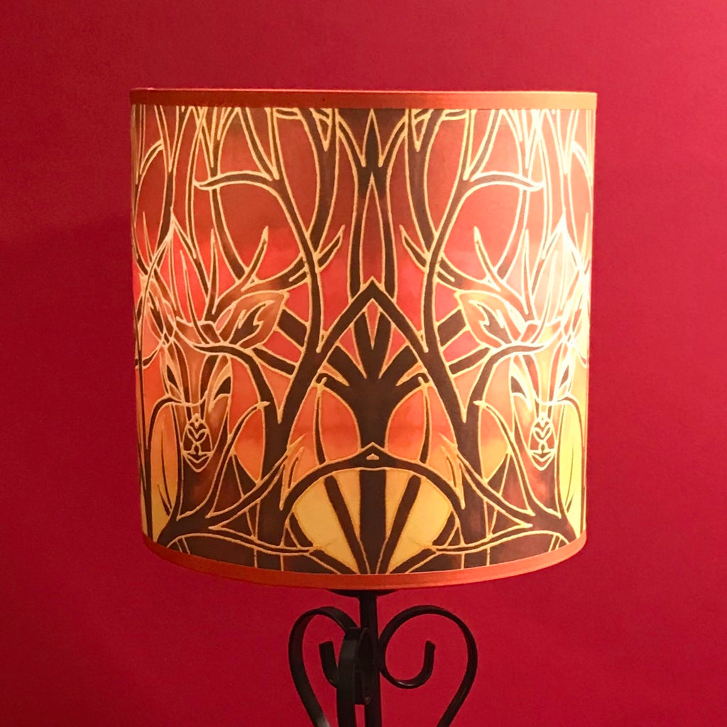 Red Stag Lampshade - Stag Sunset Drum Shade - Atmospheric Lamp Shade