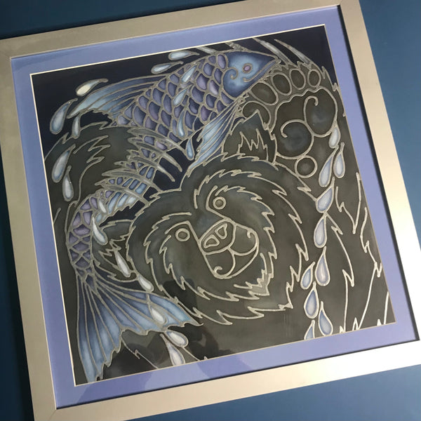 Happy Bear Silk Painting - Bear with Fish Original Art - Black Bear Painting