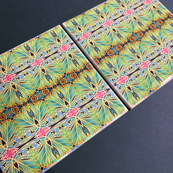 Nouveau Style Moss Green Butterfly Tiles - Beautiful Green Turquoise Tiles - Bohemian Ceramic printed  Tiles