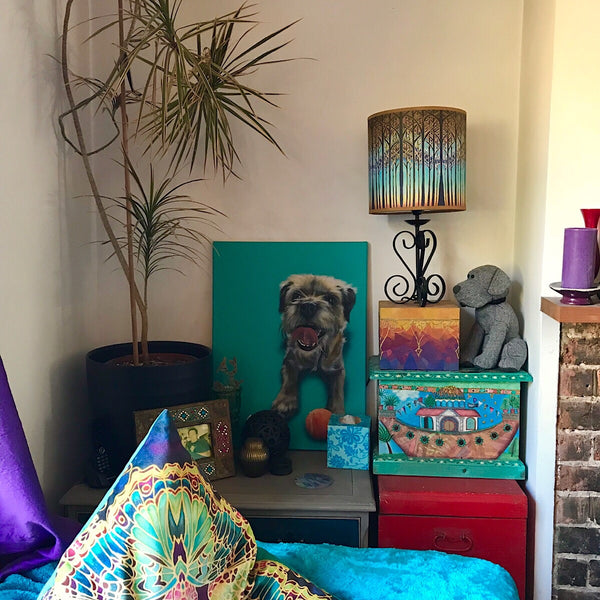 Into the Woods Contemporary Lamp Shade - Blue Teal Trees Effect Drum Shade - Atmospheric lighting