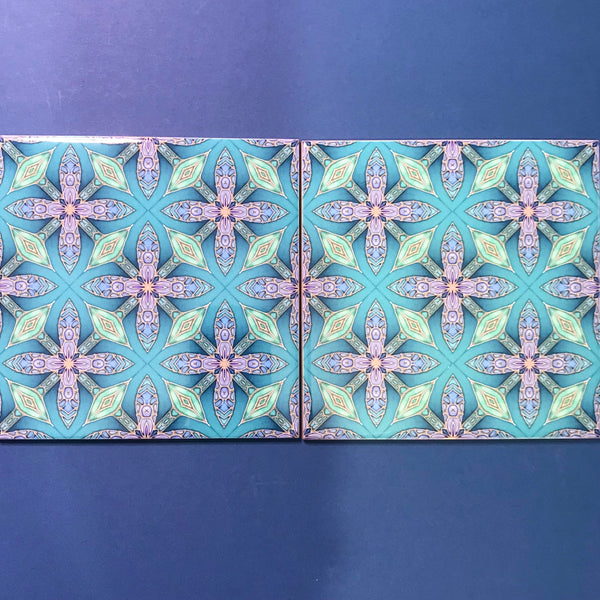 Arts and Crafts Style Aqua Green Turquoise Lilac Fretwork Petal Cross Tiles - Beautiful Green Turquoise Tiles - Bohemian Ceramic printed  Tiles