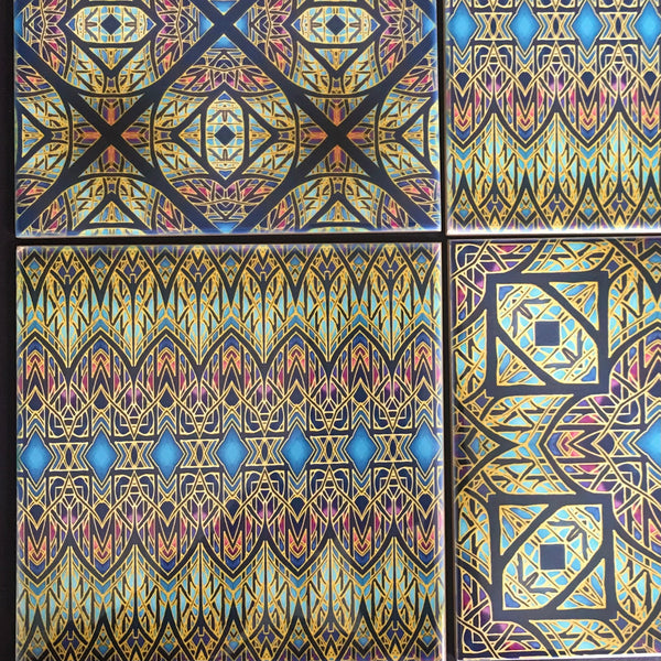 Cathedral Windows Mixed Tiles Set - Blue Purple Green Gold Tiles - Beautiful Bohemian Tiles